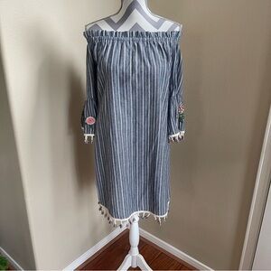 Striped Off-Shoulder Dress with Embroidered Sleeves - Size: Medium